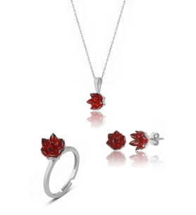 925 ayar Gümüş Garnet taşlı Lotus Çiçeği takım & seti