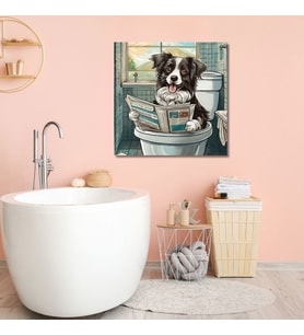 Tekli Kare Kanvas Banyo Tablosu Gazete Okuyan Siyah Beyaz Border Collie