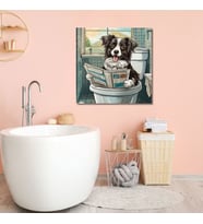 Tekli Kare Kanvas Banyo Tablosu Gazete Okuyan Siyah Beyaz Border Collie