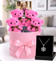 Kişiye Özel Fotoğraflı 4’lü Ayıcık Buketi Fuşya Pembe Love Ayıcık Hediye Kutusu & Kar Tanesi Kolye Seti