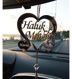 Kişiye Özel Araba Dikiz Aynası Süsü Kalpli Aile (Gümüş)