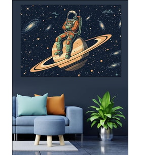 Satürn Halkasında Oturan Astronot Figürü Dekoratif Kanvas - Mdf Ahşap Tablo