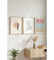 Minimal Formlar & Botanik Çizgiler 3’lü Ahşap Çerçeveli Tablo Seti - Modern Duvar Dekoru