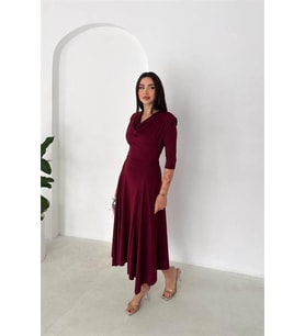kadın bordo degaje yaka omuz vatkalı midi boy A kesim elbise