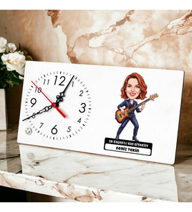 Bas Gitarist Müzisyen Kadın Karikatürlü Masa Saati