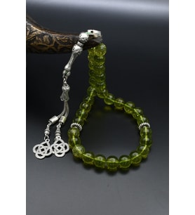 Doğal Peridot Taşlı 33'lük Tesbih Metal Püsküllü 10mm Küre Kesim 902256