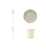 Omeyva 26 Cm. Sert Plastik Mika Krem Sorfa Piknik Seti - 24 Kişilik Tabak Bardak Çatal Kaşık Takımı