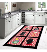 Siyah Patchwork Aşçı Fincan Desenli Yıkanabilir Kaymaz Taban Leke Tutmaz Modern Mutfak Halısı (Siyah-Kırmızı)
