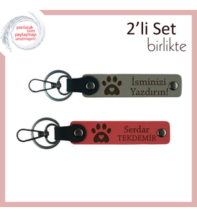 Kedi Sahibi Babaya Kişisel Tasarım, Kalpli Pati Temalı Hediyelik Anahtarlık Seti, Kül Gri-Nar Çiçeği