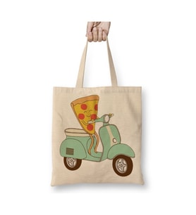 Pizza Teslimi Motokurye Vespa Beyaz Bez Çanta Uzun Saplı Alışveriş Çantası Plaj Çantası