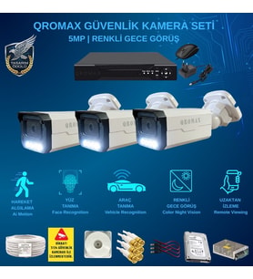QROMAX 3 Kameralı Set - Yapay Zeka Özellikli İnsan Yüz Araç Tanımalı Gece Renkli Gösteren 5 MP SONY Lensli 4 Warm Ledli FULLHD Güvenlik Kamerası Seti 3404W