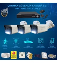 QROMAX 3 Kameralı Set - Yapay Zeka Özellikli İnsan Yüz Araç Tanımalı Gece Renkli Gösteren 5 MP SONY Lensli 4 Warm Ledli FULLHD Güvenlik Kamerası Seti 3404W