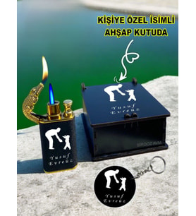 Kişiye Özel İsimli Timsah Başlıklı Çift Ateşli Çakmak ve Anahtarlık Özel Ahşap Kutusunda