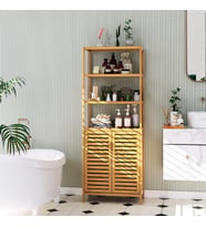 Bambu Banyo Dolabı 6 Raflı Kapaklı Salon Mutfak Çalışma Odası Dolabı Kitaplık