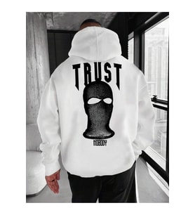 Nevermind Unisex Trust  Baskılı Oversize Baskılı Kapşonlu Sweatshirt 3 Iplik (Beyaz)