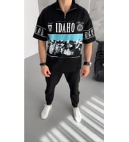Erkek Baskılı Yarım Fermuarlı Kısa kol T-Shirt - Siyah