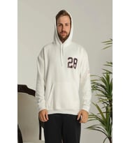 Erkek 3 İplik Pamuklu Kapüşonlu Baskılı Cepli Oversize Sweatshirt Hoodie - Beyaz