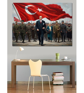 Türk Bayrağı Önünde Atatürk Ve Ordu Dekoratif Kanvas - Mdf Ahşap Tablo