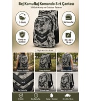 Komando Sırt Çantası Bej Renk Kamuflaj 3 Gözlü Kamp ve Outdoor 46x32x18 cm
