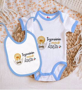 BK Kids Kişiye Özel Teyzesinin Minik Kuşu Tasarımlı Mavi Bebek Body Zıbın ve Mama Önlüğü Hediye Seti
