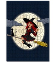 Cakapuzzle Süpürgeli Cadı Kedi Ay Görseli Puzzle Yapboz MDF (Ahşap) (120 Parça)