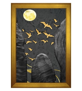 Kuşlar ve Dolunay Soyut Motifli Kanvas Tablo 80 x 110 cm Gold Çerçeve