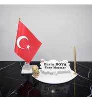 Sümen Ofis Doğal Beyaz Mermer İsimlik Haritalı Gold Tek Kalem ve Aslan, Şanlı TÜRK Bayrağı