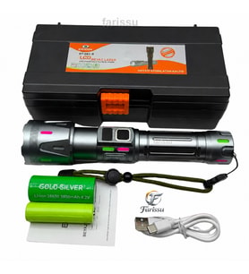 Ultra Güçlü Beyaz Lazer LED El Feneri - 2 KM Menzilli & Powerbank Özellikli (Çift Pil Setli)