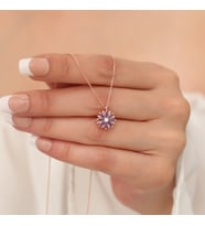 Ametist Taşlı Çiçek 14 Ayar Rose Altın Kaplama Kadın Kolye