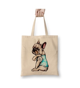 French Bulldog Tattoo I Love Mom Köpek Beyaz Bez Çanta Uzun Saplı Alışveriş Çantası Plaj Çantası
