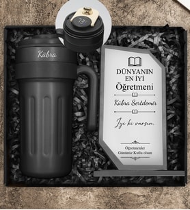 Öğretmenler Gününe Özel Siyah 700 ML Dereceli Kişiye Özel Termos & Özel Tasarım Cam Plaket