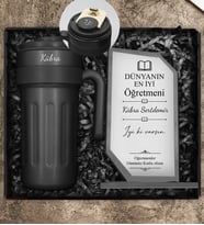 Öğretmenler Gününe Özel Siyah 700 ML Dereceli Kişiye Özel Termos & Özel Tasarım Cam Plaket