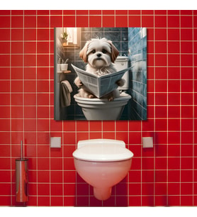 Tekli Kare Kanvas Banyo Tablosu Gazete Okuyan Shih Tzu Köpek