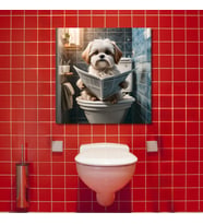 Tekli Kare Kanvas Banyo Tablosu Gazete Okuyan Shih Tzu Köpek