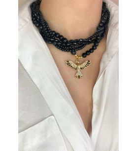 Anka Kuşu Uçlu Kristal Cam Boncuk Kolye - Siyah
