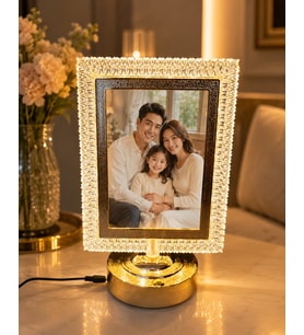 Kişiye Özel Fotoğraflı Kristal Dikdörtgen Çerçeveli LED Masa Lambası-Gold Tabanlı 13x18 cm Dekoratif Hediye