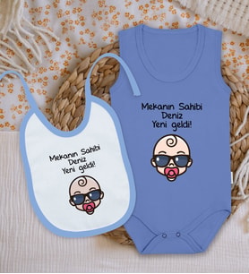 BK Kids Kişiye Özel Mekanın Sahibi Tasarımlı Mavi %100 Pamuklu Askılı Sıfır Kol Bebek Body Zıbın ve Mama Önlüğü Hediye Seti