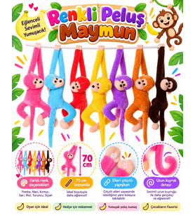 Oyuncak Peluş Maymun 3'lü Renkli Set Elleri Yapışabilen Sarılan Cırtlı Uyku ve Oyun Arkadaşı Hediyelik Monkeysole 70 Cm