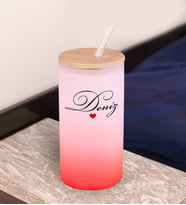 BK Gift İsimli Kırmızı Renk Pipetli Buzlu Cam Bardak 600ml - 5, Arkadaşa Hediye, Doğum Günü Hediyesi