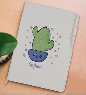 BK Gift Kişiye Özel Kaktüs Tasarımlı Beyaz Termo Deri Not Defteri 15x21cm-4