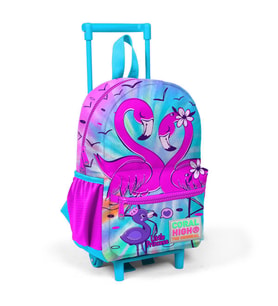 Minik Yuva Çekçekli Sırt Çantası Mavi Pembe Flamingo Desenli İki Bölmeli 24030