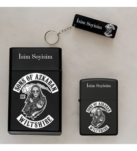 Sons of Azkaban Desenli Kişiye Özel İsimli Çakmak,Metal Tabaka ve Anahtarlık Seti - 3'lü Hediye Set