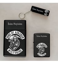 Sons of Azkaban Desenli Kişiye Özel İsimli Çakmak,Metal Tabaka ve Anahtarlık Seti - 3'lü Hediye Set (Siyah)