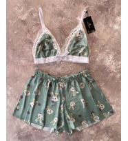 Kadın Tavşan Desen Detaylı Yazlık Saten Bralet Şort Takım (Yeşil)