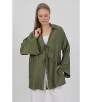 Doğal Viskon Kumaş Cepli Bağcıklı Kadın Kimono 1167 – Hafif, Dökümlü, Akışkan, Yazlık Model (Haki)