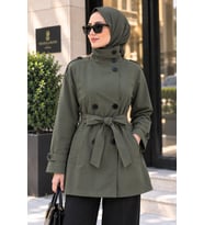 DİK YAKA KEMERLİ TRENÇKOT-HAKİ