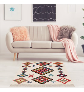 Kilim Desenli Etnik Dijital Baskı Yıkanabilir Kaymaz Taban Eskitme Salon Halı ve Yolluk (Bej)