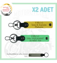 Bikerlar İçin Özel, İsim Plaka ve 0 Rh (+) Kan Grubu Yazılı Hediyelik x2 Anahtarlık, Sarı-F Yeşil-Gr