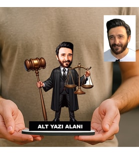 Kişiye Özel Savcı Karikatürlü 18 cm MDF Masaüstü Biblo - Avukat Hediyesi Avukata ve Hukukçuya Hediye