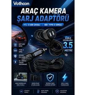Araç Kamera Şarj Adaptörü 2 Usb'li Type-c Girişli 3.5 Metre Kablo Uzunluğu(Ürün Kamera Değildir)